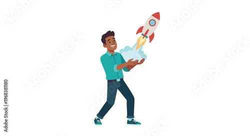 A young man cheerfully launches a rocket from the palm of his hand