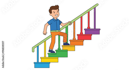 A young boy cheerfully climbs a vibrant colorful staircase with a handrail