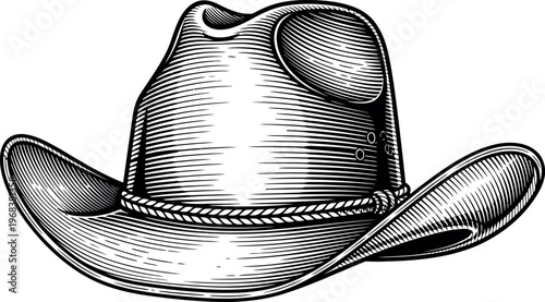 Cowboy hat illustration with engraved shading, Western style traditional rope band design