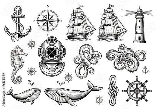Vintage Nautical Maritime Illustration Collection: Anchor, Sailing Ships, Whale, Lighthouse, Octopus, and Diver Helmet in Engraving Style