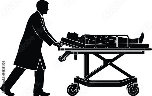 Silhouette of medical professional pushing hospital stretcher with patient, emergency healthcare transport, hospital care, medical assistance, patient support illustration