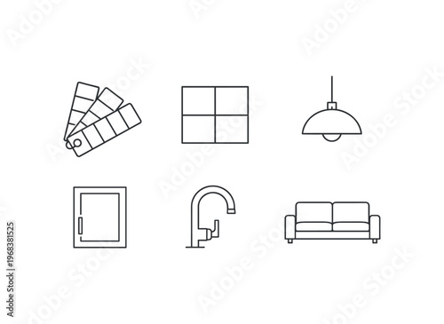 Home shopping icon set. interior and renovation, color swatches, tile, pendant lamp, cabinet, window, faucet, sofa, furniture selection, home improvement. line and flat vector illustration.