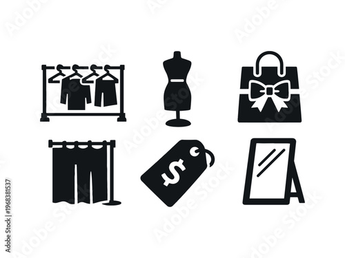 Fashion shopping icon set. clothing rack, mannequin, shopping bag with bow, fitting room curtain, price tag, dressing mirror. line, flat and colored vector icon set.