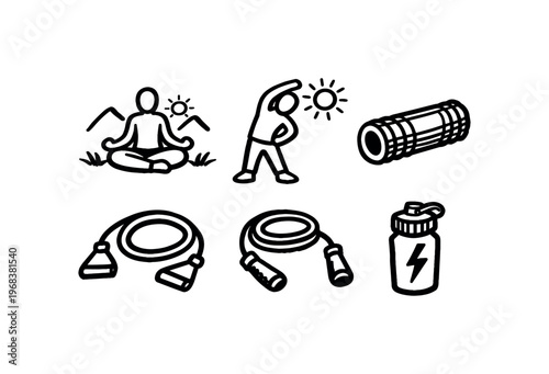 Outdoor workout icon set. yoga, stretching, foam roller, jump rope, resistance rope and water bottle fitness symbols. line and flat vector illustration.