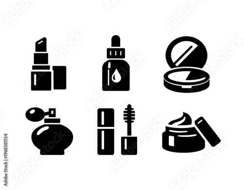 Beauty store icon set. makeup and skincare, lipstick, dropper bottle, compact powder, perfume, mascara, cream jar, cosmetics, personal care. line, flat and colored vector icon set.
