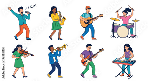 Diverse group of musicians playing various instruments in a colorful illustration