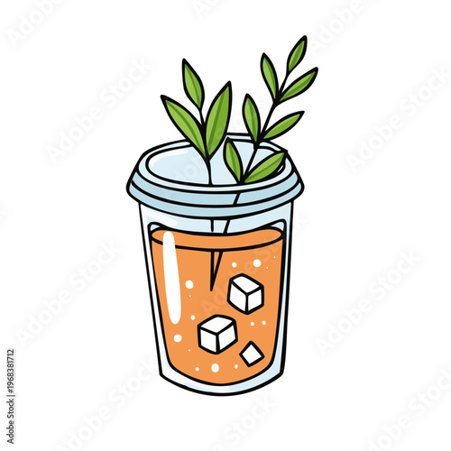 Refreshing iced tea with fresh leaves and ice cubes in a clear plastic cup