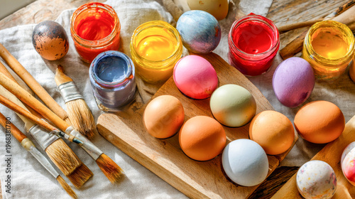 Colorful eggs and art supplies bring joy to an Easter celebration in a cozy workshop setting, inviting creativity and festivity among friends and families