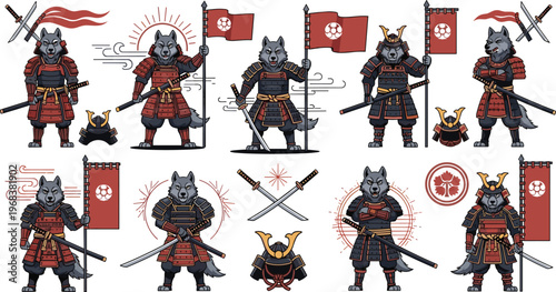 Wolf Samurai Warrior Cartoon Set with Traditional Japanese Armor, Katana Swords, Battle Poses, Feudal Japan Elements, and Historical Vector Illustration Collection.
