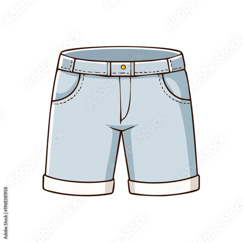Light blue denim shorts with a folded cuff and a gold buckle belt on a white background
