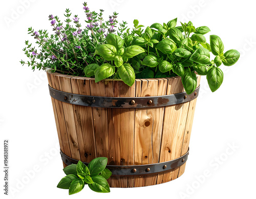 A wooden barrel overflowing with fresh green herbs and small purple flowers