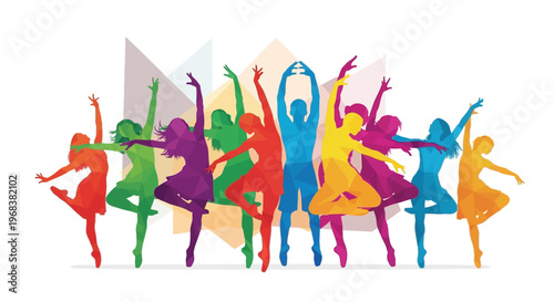 Vibrant illustration of diverse, colorful silhouetted dancers in graceful motion, celebrating artistic expression and unity against a modern geometric background.