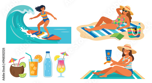 Summer vacation scene featuring surfing sunbathing and relaxing beach elements