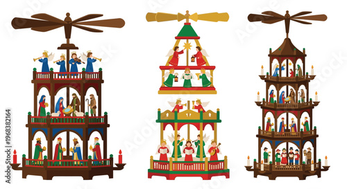 Three german christmas pyramids showcasing traditional erzgebirge craftsmanship