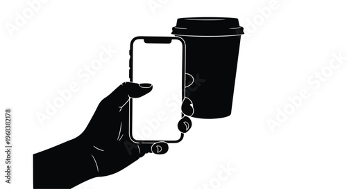 hand holding phone and coffee cup silhouette