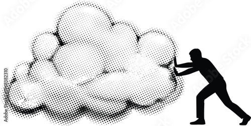 Silhouette person pushing textured abstract cloud symbolizing struggle, effort, determination, resilience, overcoming obstacles, perseverance, challenge, hardship, motivation, 