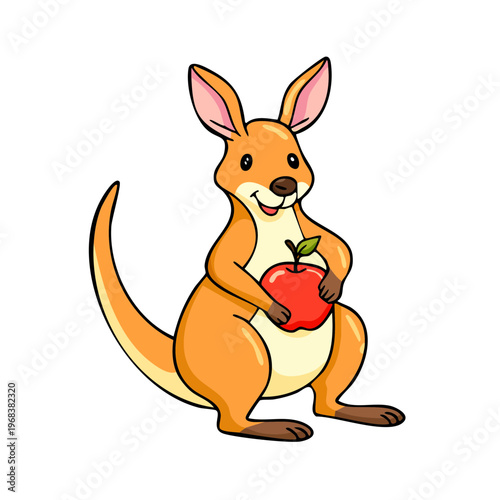 Cute cartoon kangaroo holding a red apple, vector illustration