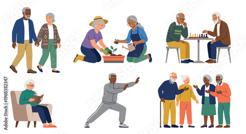 Diverse group of senior adults enjoying various leisure activities together