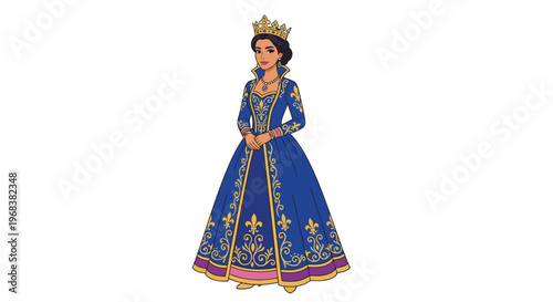 A digital illustration of a queen in a blue and gold gown
