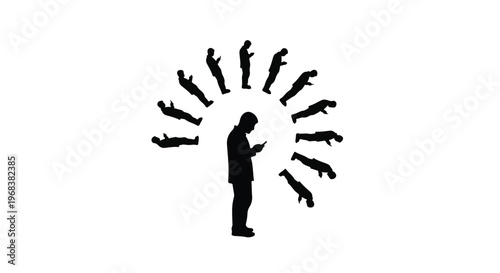 man surrounded by multiple selves, representing identity and social media