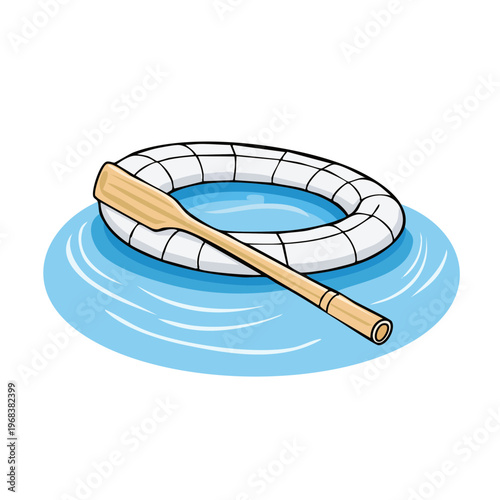 Wooden oar resting on a life preserver ring floating in blue water