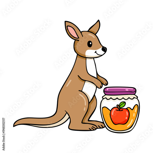 Cartoon Kangaroo Standing Beside Jar of Apple Jam With Lid