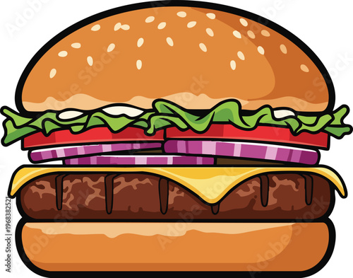 Delicious Classic Hamburger with Fresh Ingredients and Sesame Seed Bun.