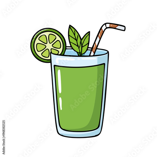Refreshing green juice in a tall glass garnished with lime and mint leaves, featuring a striped straw, cartoon style