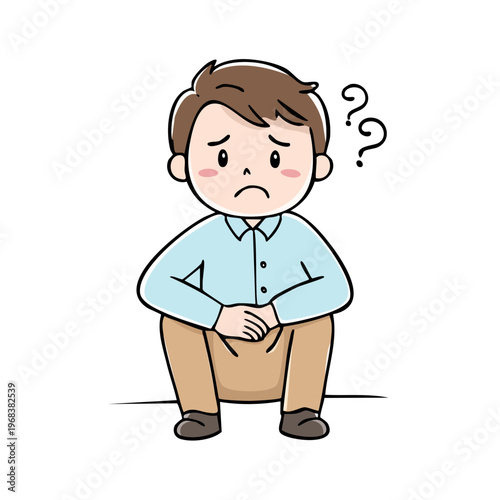 Young man sits looking confused with question marks above his head