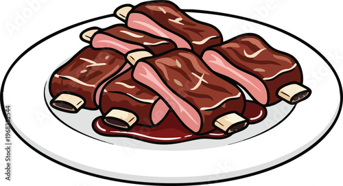 Delicious Barbecue Ribs on a White Plate with Sauce.