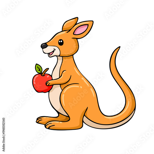 Cute cartoon kangaroo holding a red apple, representing healthy Australian wildlife and happy characters