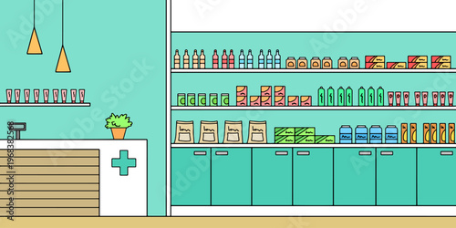 Pharmacy interior graphic store shop color sketch illustration vector 