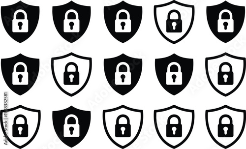 Lock and unlock vector icon set, black and white outline and solid icons with tick cross and shield security symbols illustrating privacy protection and digital safety.