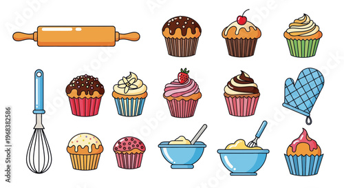 Colorful cupcakes and baking tools.