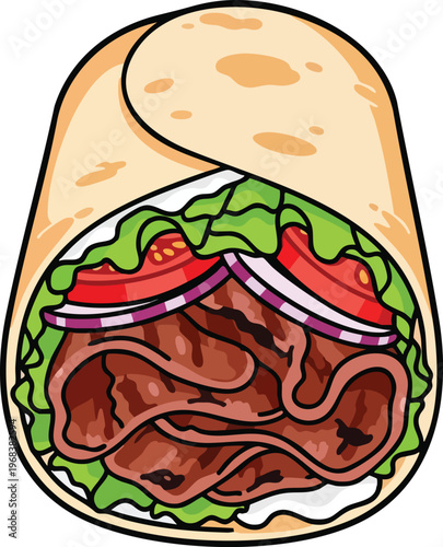 Delicious Gyro Wrap with Meat and Fresh Vegetables.