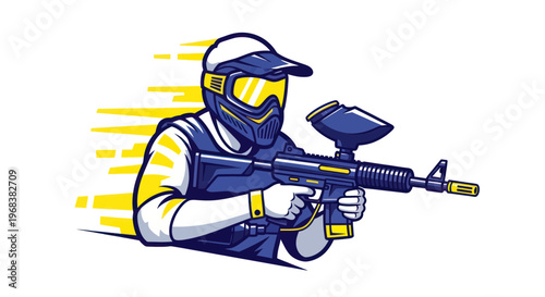 Man wearing goggles and paintball gear.