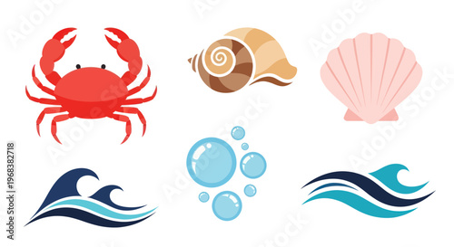 Seafood icons including crab shell scallop.