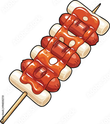 Delicious Korean Street Food Tteokbokki Skewer with Sausage and Rice Cakes.