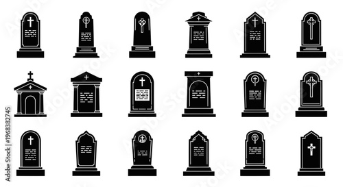 Black tombstones with various designs.