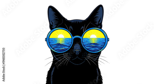 Black Cat Wearing Sunglasses Closeup.