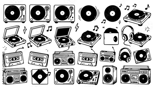 Hand drawn doodle DJ and retro music elements set, fun sketchy ink pen music icons with clean black outlines, expressive vector collection, isolated on white background
