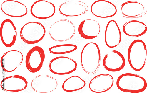 Hand drawn red circle highlight set with marker pen oval scribble collection for annotation emphasis and doodle design elements