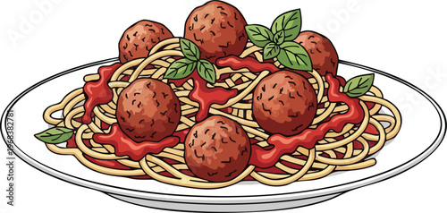 Delicious Spaghetti and Meatballs with Fresh Basil on a White Plate.