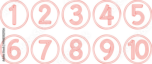 Hand drawn numbers 1 to 10 in red circles vector illustration set with doodle style for education counting and learning concepts