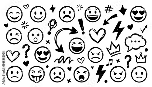 Hand drawn doodle emojis, reactions, and expressive symbols set, fun sketchy ink pen elements, playful vector collection, isolated on white background