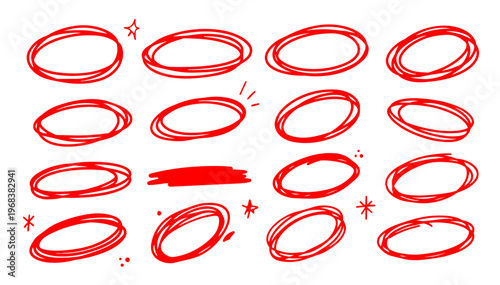 Hand drawn doodle emphasis loops set, fun expressive sketchy ink pen circular accents, vector collection, isolated on white background