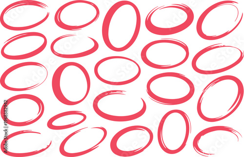 Hand drawn red circle highlight set with marker pen oval scribble collection for annotation emphasis and doodle design elements