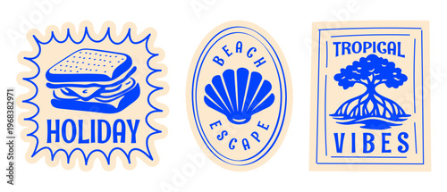 Retro Summer Beach Postcard Sticker Set with Sandwich, Seashell, Mangrove, Vintage Hand Drawn Travel Postage Stamp Signs Flat Vector Illustration for T-Shirt Prints, Poster, Sticker, Coastal Design