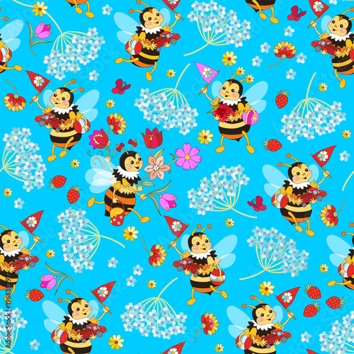 Pretty bees with flowers and toys on light blue background. Seamless pattern.