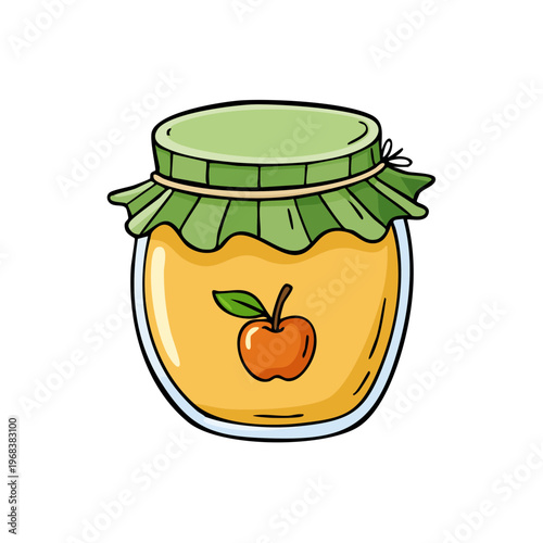 Glass jar of apple jam with fruit illustration and decorative lid